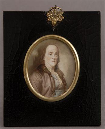 Appraisal: OVAL PORTRAIT MINIATURE OF BENJAMIN FRANKLIN Watercolor on ivory ebonized