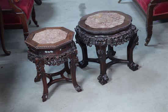 Appraisal: TWO ORIENTAL STYLE LOW TABLES Both with marble inserts one