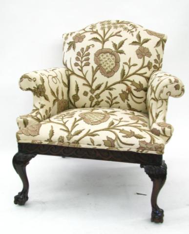 Appraisal: Antique Mahogany Upholstered Arm Chair carved base with ball and