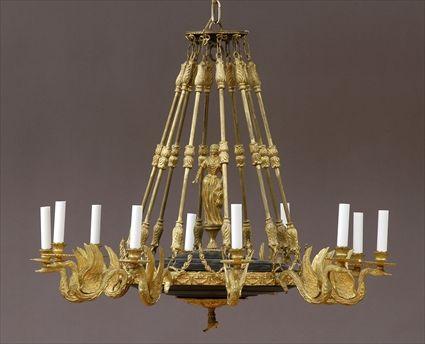 Appraisal: EMPIRE-STYLE BRONZE AND GILT-METAL TEN-LIGHT CHANDELIER The shallow dished support