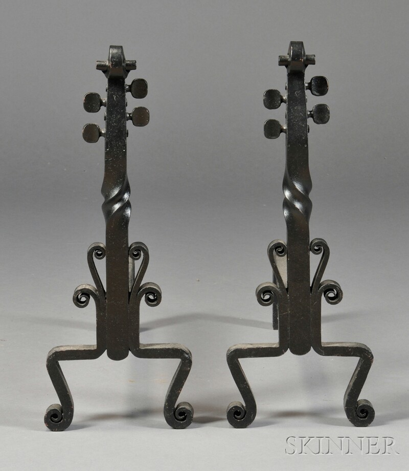 Appraisal: Black-painted Cast Iron Fiddlehead-top Andirons ht wd dp in