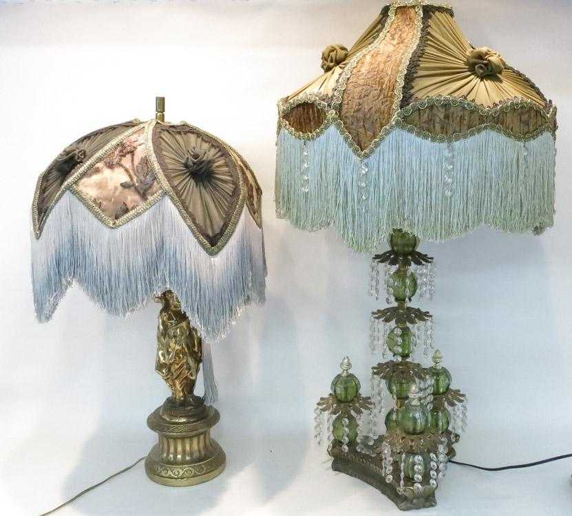 Appraisal: TWO TABLE LAMPS WITH SILK SHADES the first with a