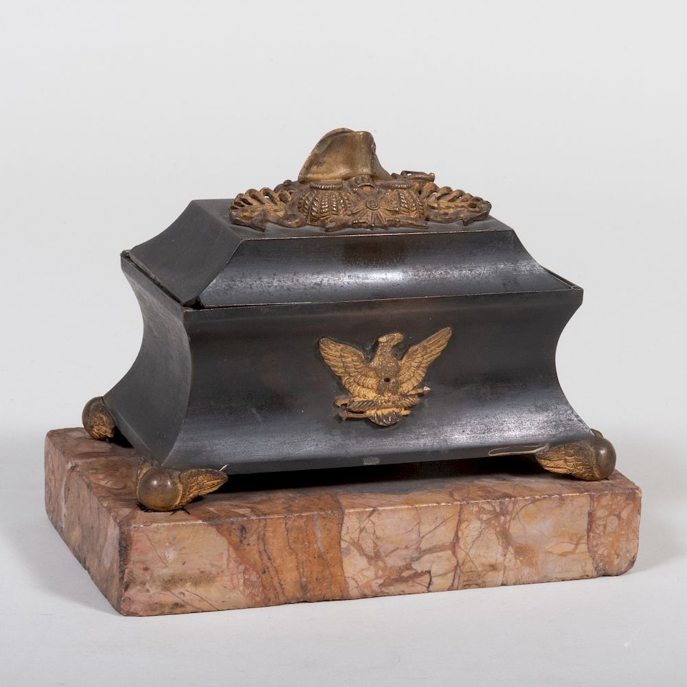 Appraisal: Napoleonic Parcel-Gilt-Bronze Inkwell On a marble base with sander and