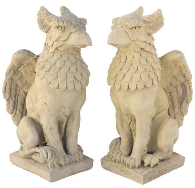 Appraisal: pair Cast stone figural garden sculptures Seated Griffins thc rising