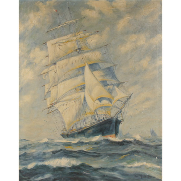 Appraisal: Oil on canvas depicting a sailing ship three mast frigate