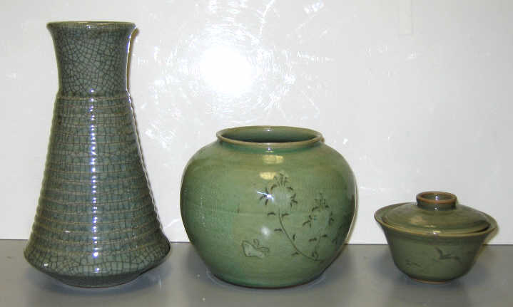 Appraisal: THREE PIECES OF KOREAN CELADON CERAMIC Each decorated under crackled