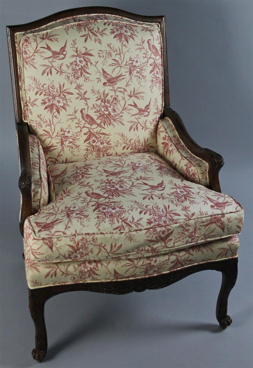 Appraisal: FRENCH STYLE ARMCHAIR IN RED TOILE FABRIC having an arched