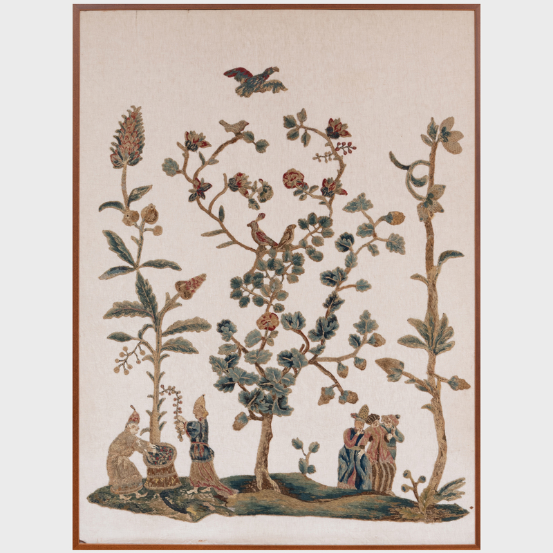 Appraisal: English Crewelwork Panel Depicting figures in period costume amidst exotic