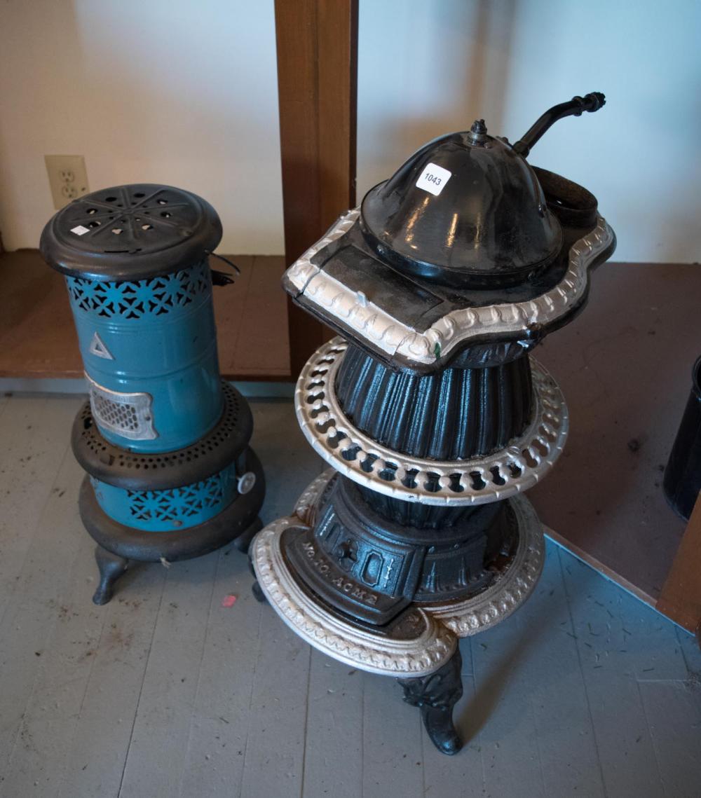 Appraisal: TWO SMALL VINTAGE HEATERS portable cylindrical blue black kerosene heater