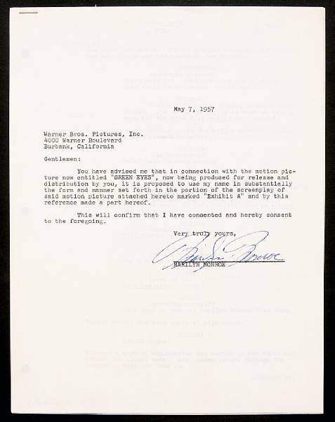 Appraisal: A Marilyn Monroe signed agreement A letter from Monroe typed