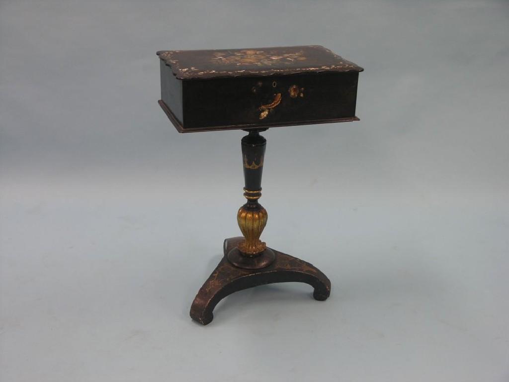 Appraisal: A mid-Victorian papier mache pedestal work table lobed hinged top