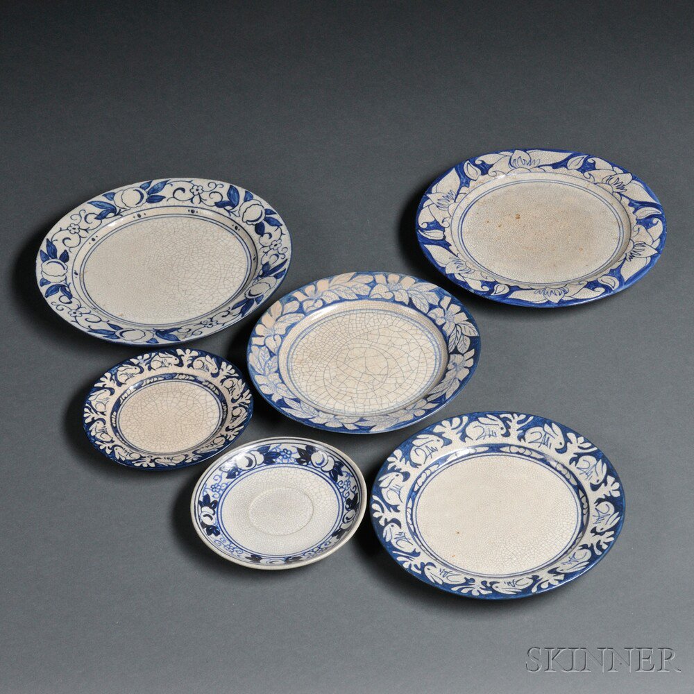 Appraisal: Six Dedham Pottery Plates and Saucers Dedham Massachusetts - blue