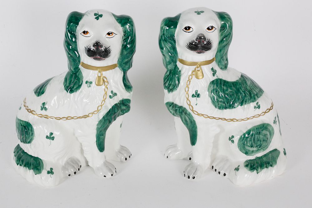 Appraisal: Pair of Green and White Staffordshire King Charles Spaniels Pair