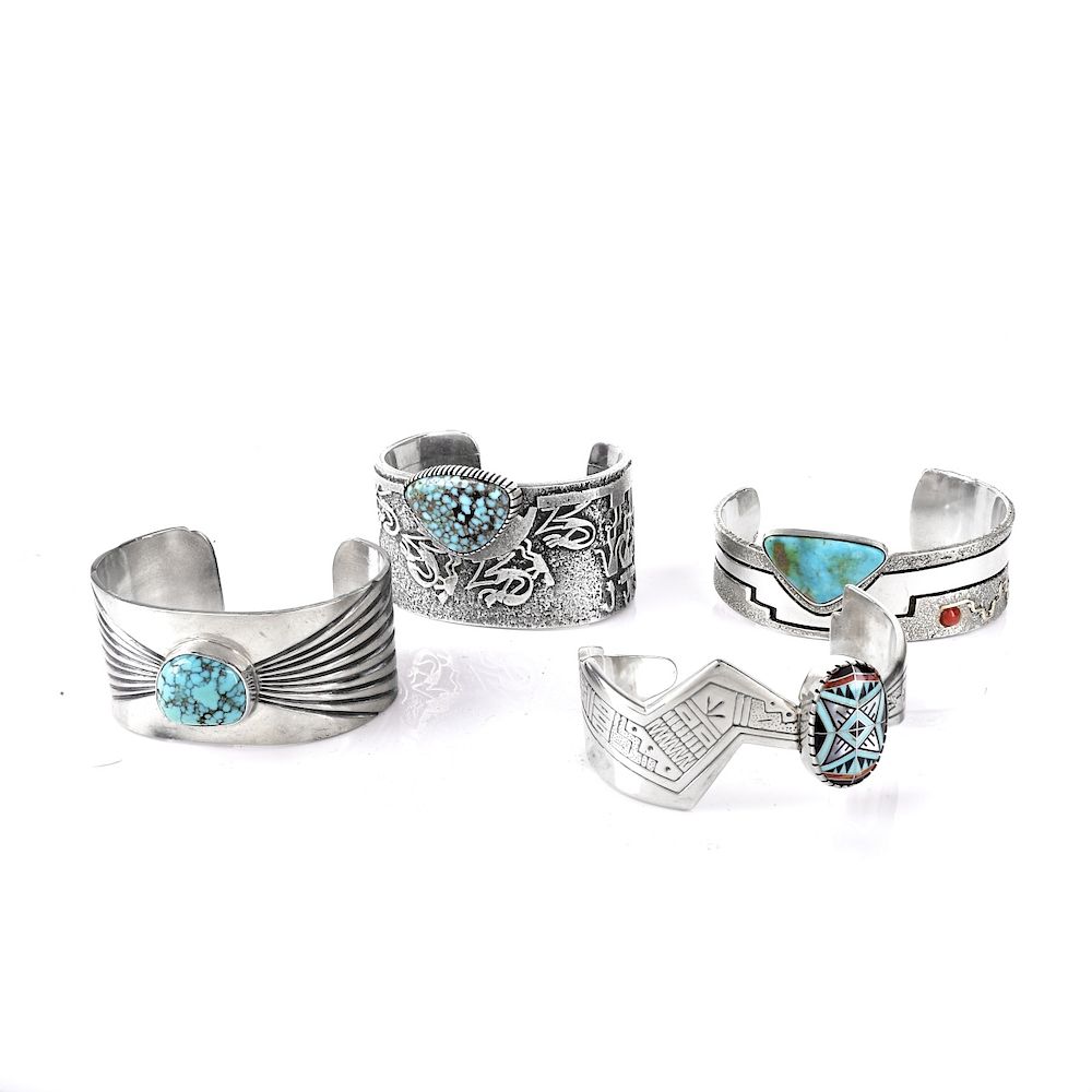 Appraisal: Four Silver and Turquoise Bracelets Four Vintage American Southwest Navajo