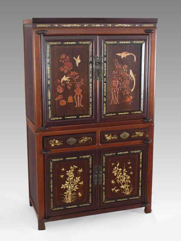 Appraisal: BONE AND WOOD INLAY CHINESE CABINET upper doors open to