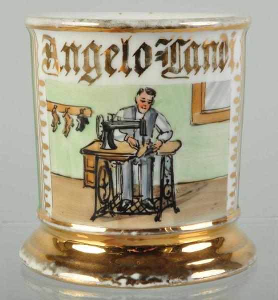 Appraisal: Shoemaker at Sewing Machine Shaving Mug Description Gilt name Angelo