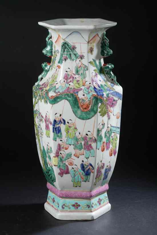 Appraisal: CHINESE FAMILLE ROSE PORCELAIN HEXAGONAL VASE Figural decoration - in