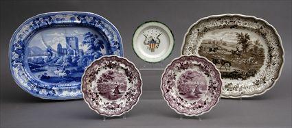 Appraisal: TWO STAFFORDSHIRE TRANSFER-PRINTED PLATTERS AND THREE PLATES Comprising a blue