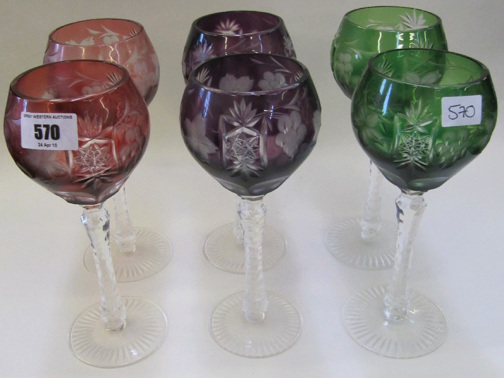 Appraisal: Six Harlequin cut and flash etched glasses and a pair