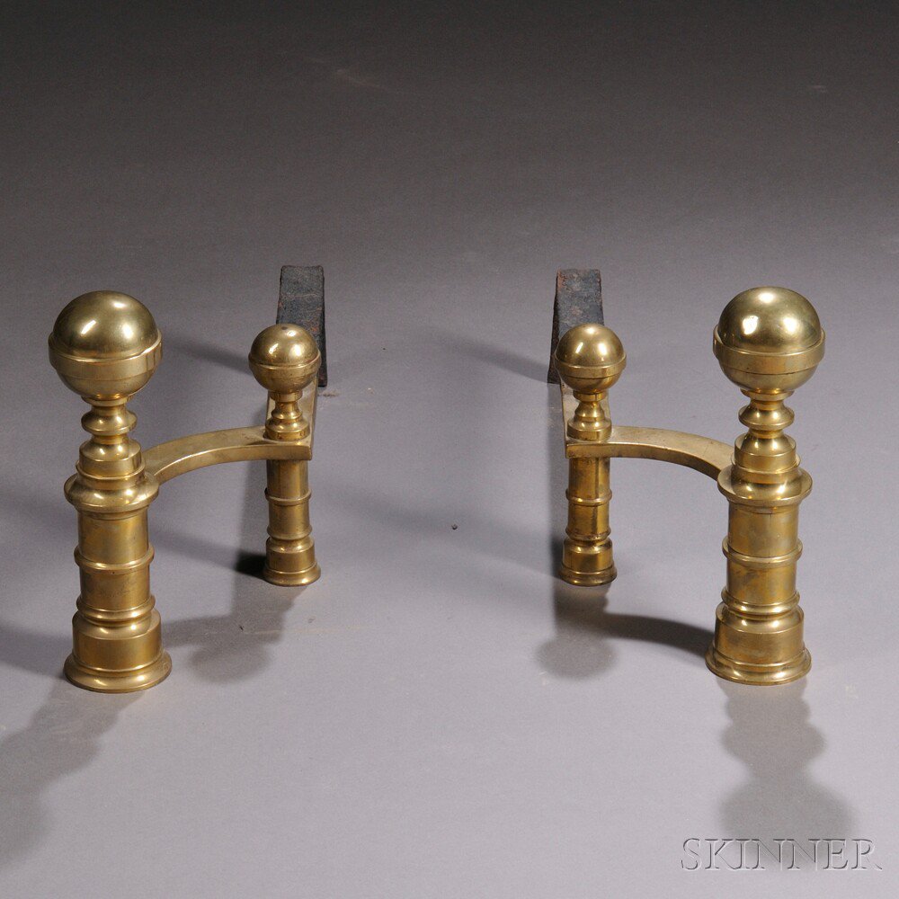 Appraisal: Pair of Classical Brass Belted Ball-top Andirons William Hunneman Boston