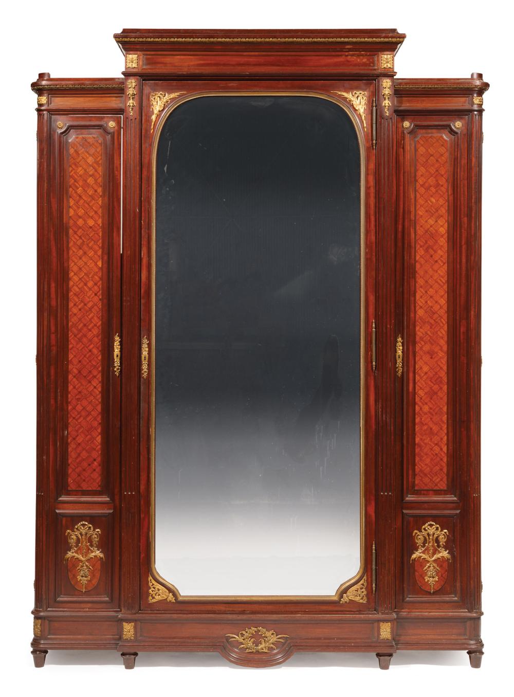 Appraisal: Louis XVI-Style Bronze-Mounted Parquetry Armoire th c three doors mirrored