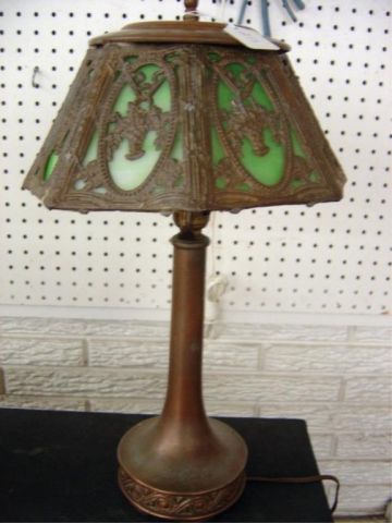 Appraisal: ORNATE SLAG GLASS SHADE COPPER LAMP