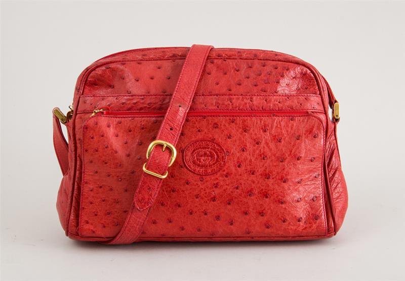 Appraisal: GUCCI OSTRICH PATTERNED RED LEATHER HANDBAG x in Estimate -