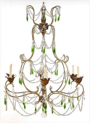 Appraisal: ITLAIAN ROCOCO-STYLE CLEAR AND GREEN GLASS HUNG PAINTED-METAL SIX-LIGHT CHANDELIER