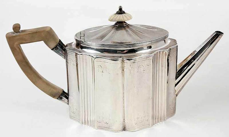 Appraisal: George III English Silver Teapot London oval paneled sides engraved