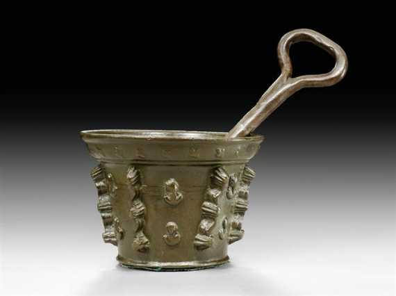 Appraisal: MORTAR WITH PESTLE Renaissance France th century Burnished bronze H