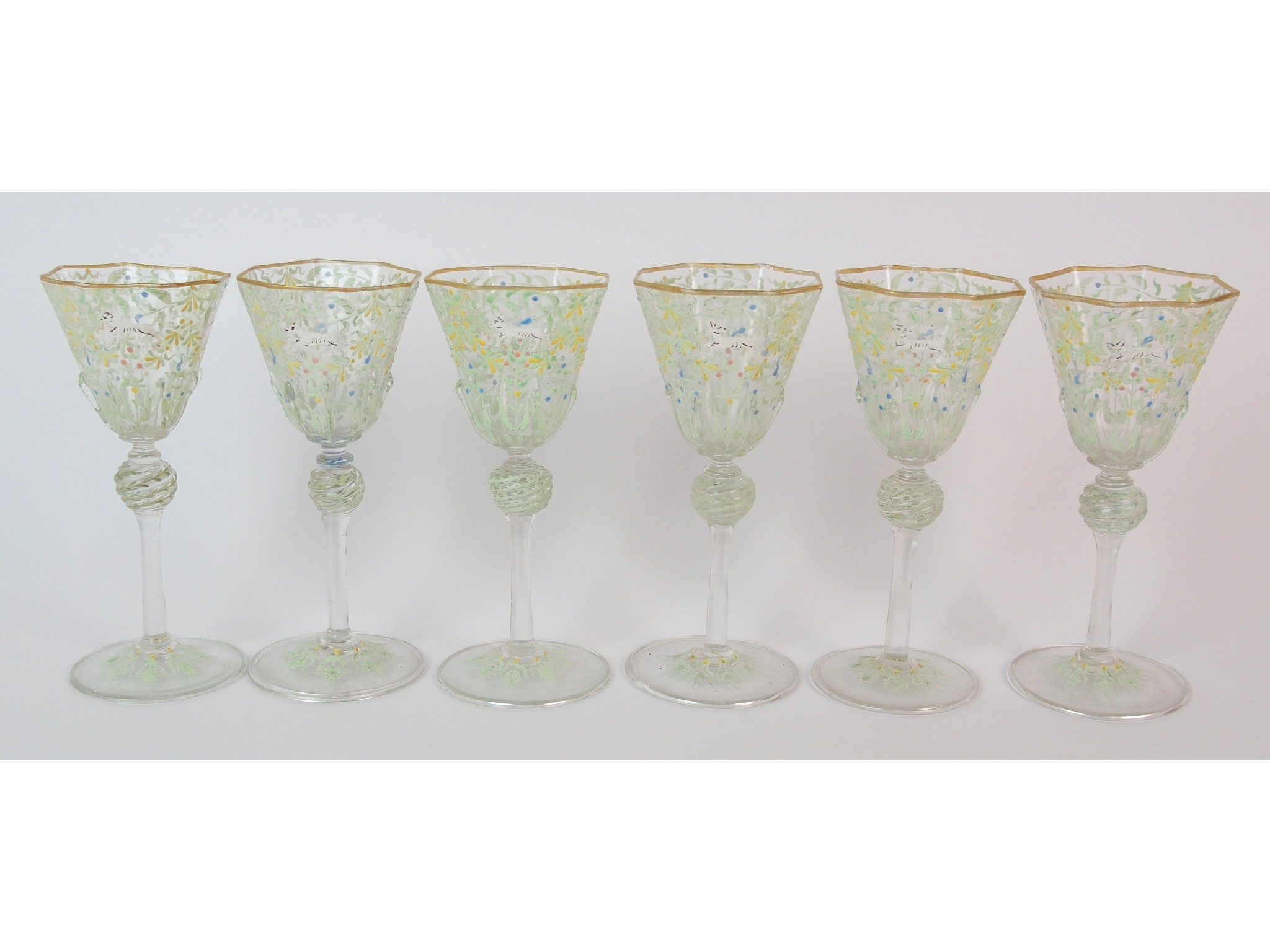 Appraisal: A set of six facon de venise octagonal wine glassespainted