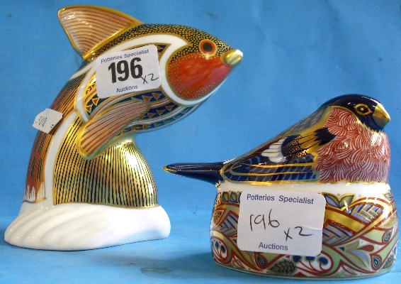 Appraisal: Royal Crown Derby Paperweights Tropical Guppy Fish and Nestling Bullfinch