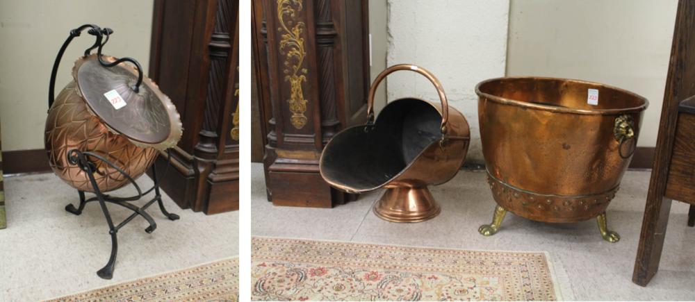 Appraisal: THREE LARGE COPPER HEARTH ACCESSORIES English helmet coal scuttle with