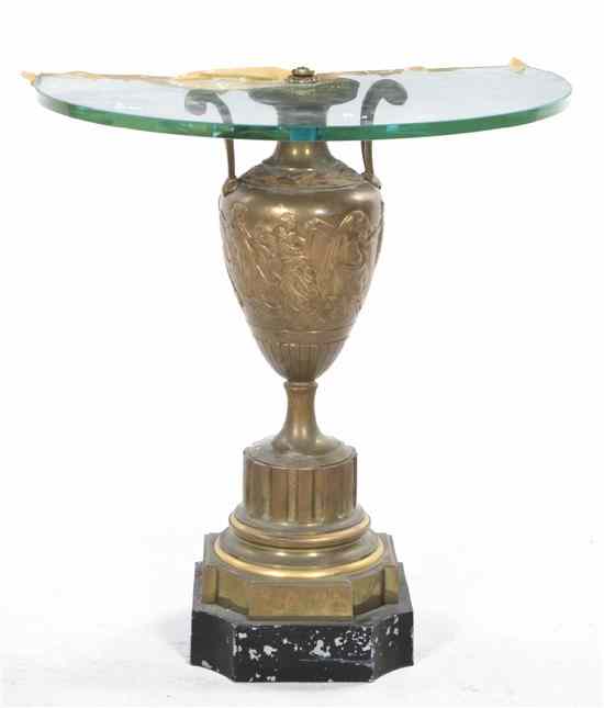 Appraisal: A Brass and Glass Occasional Table the urn form standard