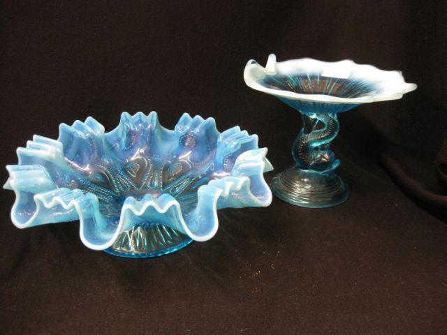 Appraisal: pcs Blue Opalescent Art Glass Lattice Medallion pattern bowl and