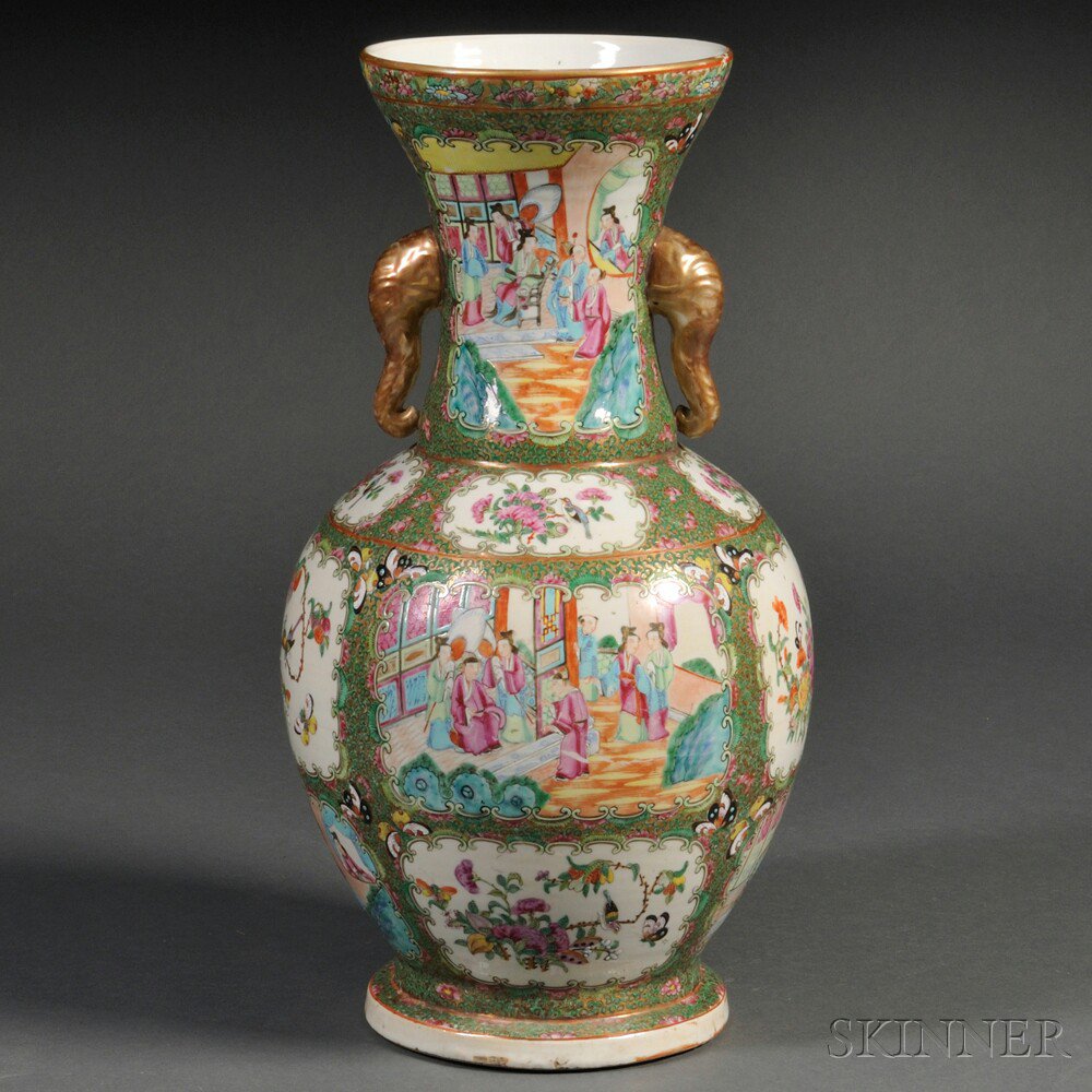 Appraisal: Large Famille Rose Chinese Export Porcelain Vase with Elephant-head Handles