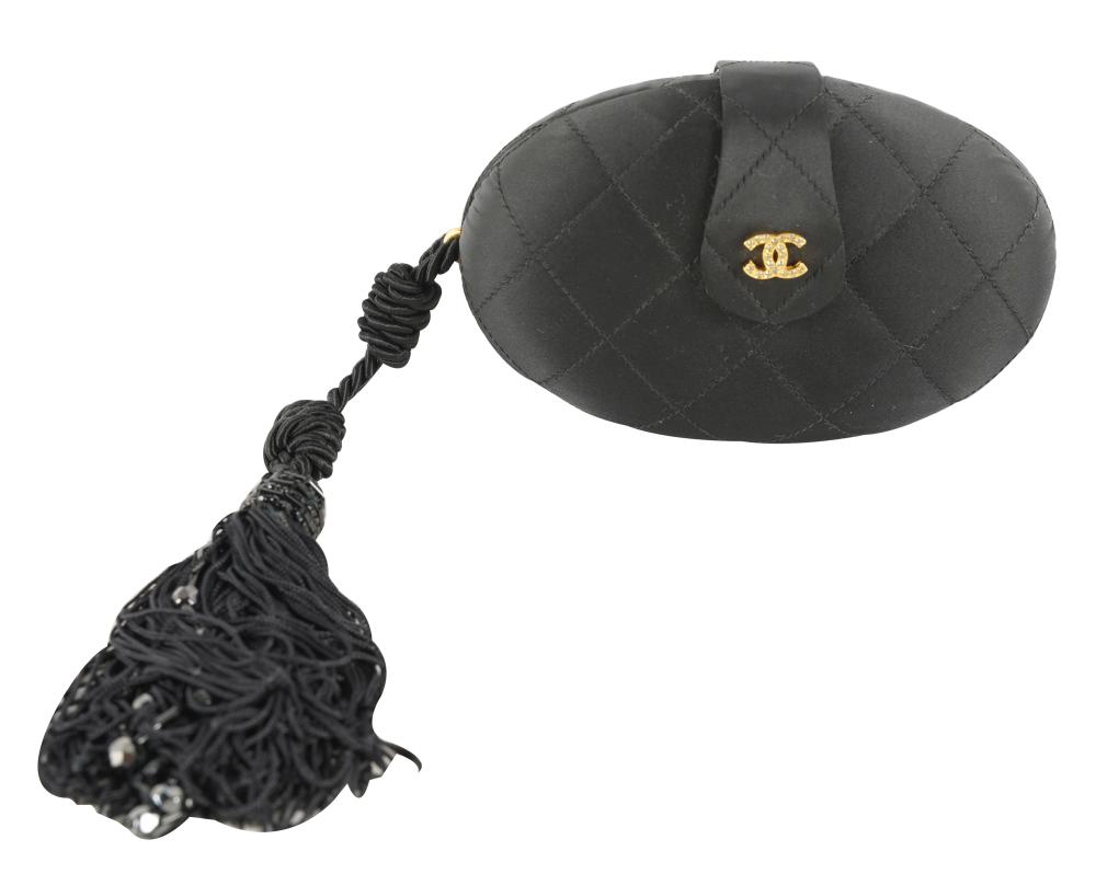 Appraisal: CHANEL SATIN CLAMSHELL CLUTCHpre- no number beaded tassel rhinestone CC