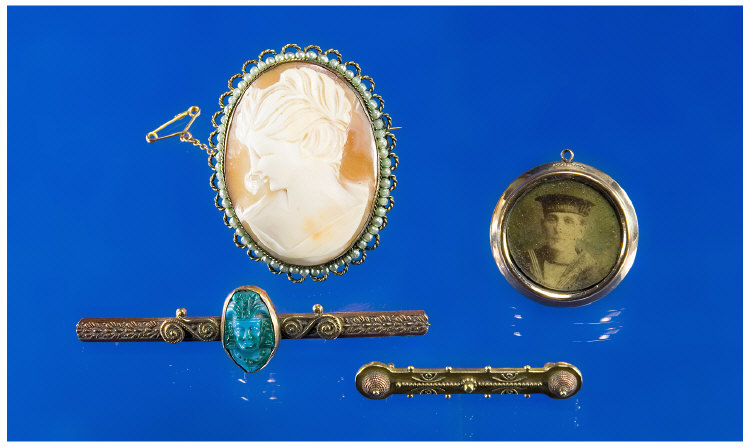 Appraisal: Two Gilt Metal Bar Brooches One Set With A Blue