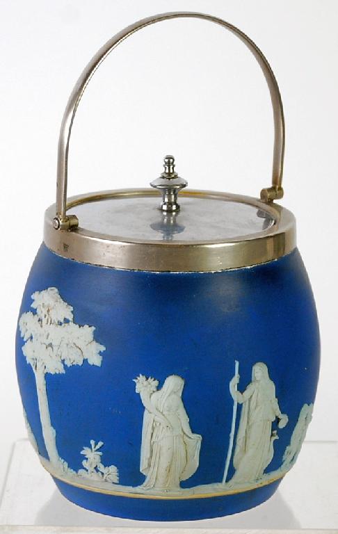 Appraisal: WEDGWOOD DARK BLUE DIPPED JASPERWARE POTTERY SWING HANDLED BISCUIT BARREL