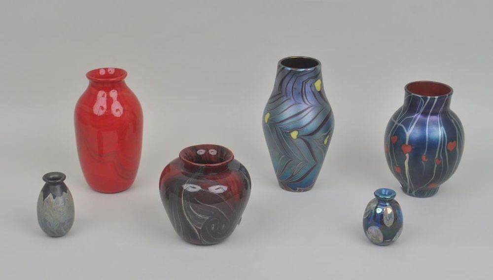 Appraisal: Six Contemporary Art Glass Vases comprising two large iridescent vases