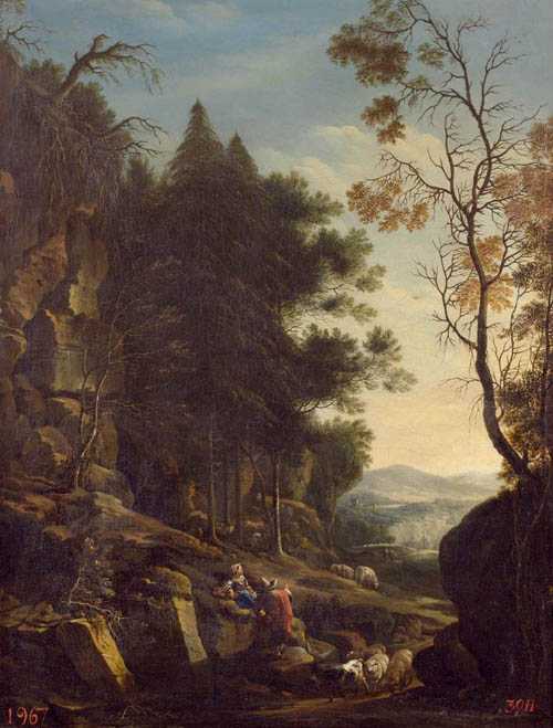 Appraisal: THIELE JOHANN FRIEDRICH Dresden Attributed Landscape with shepherd couple Oil