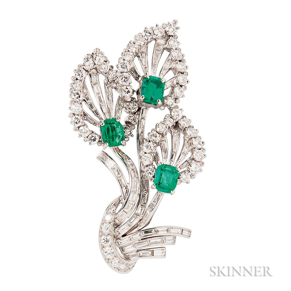 Appraisal: Platinum Emerald and Diamond Brooch Tiffany Co Platinum Emerald and