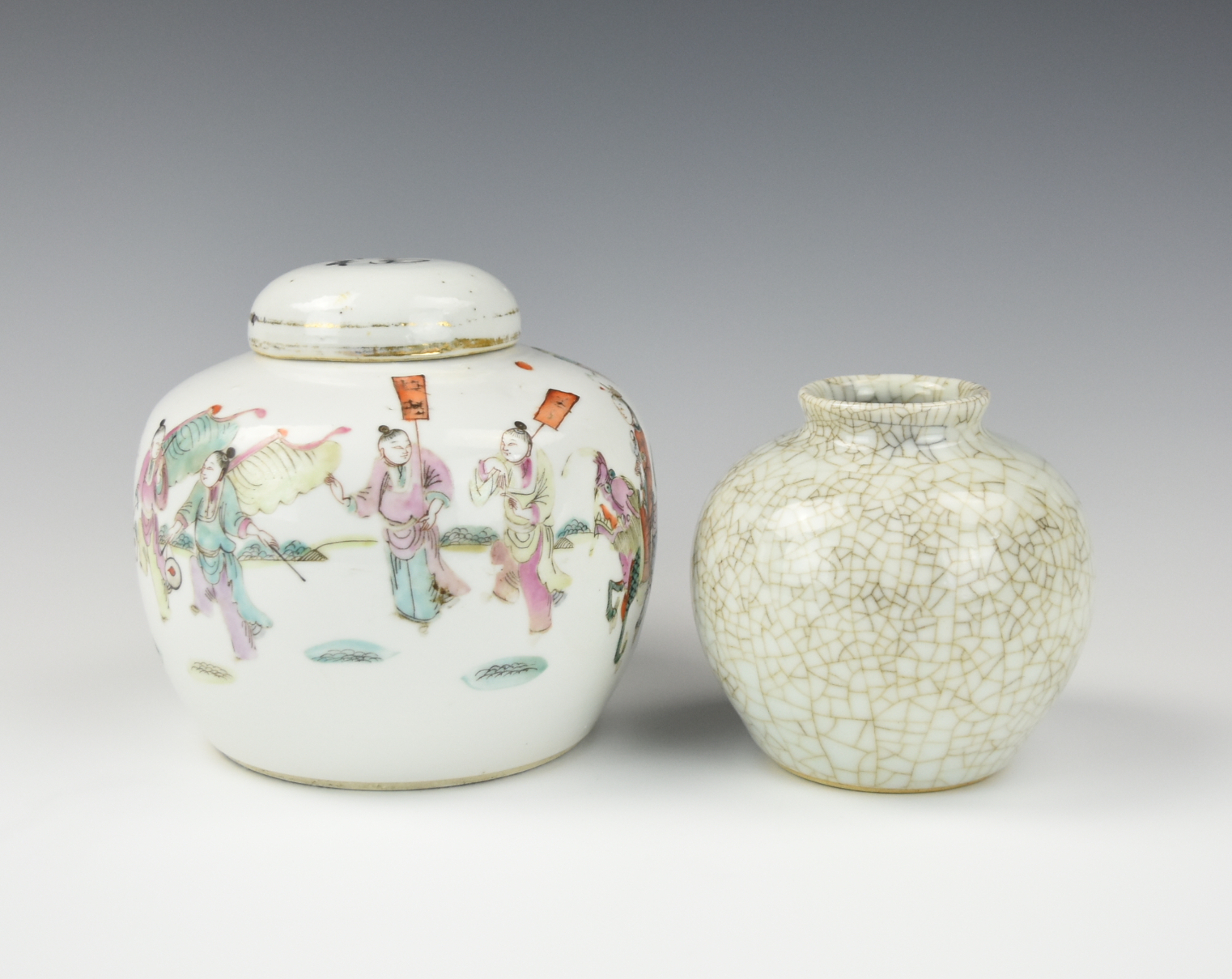 Appraisal: CHINESE FAMILLE ROSE JAR COVER AND GE GLAZED JAR Chinese