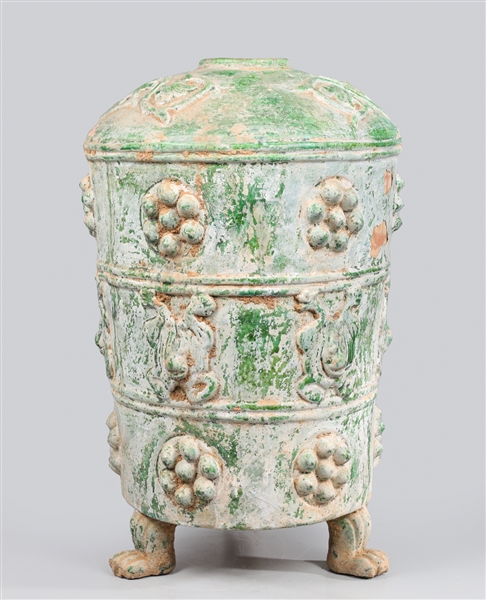 Appraisal: Elaborate Chinese green glazed pottery grainery with molded designs in