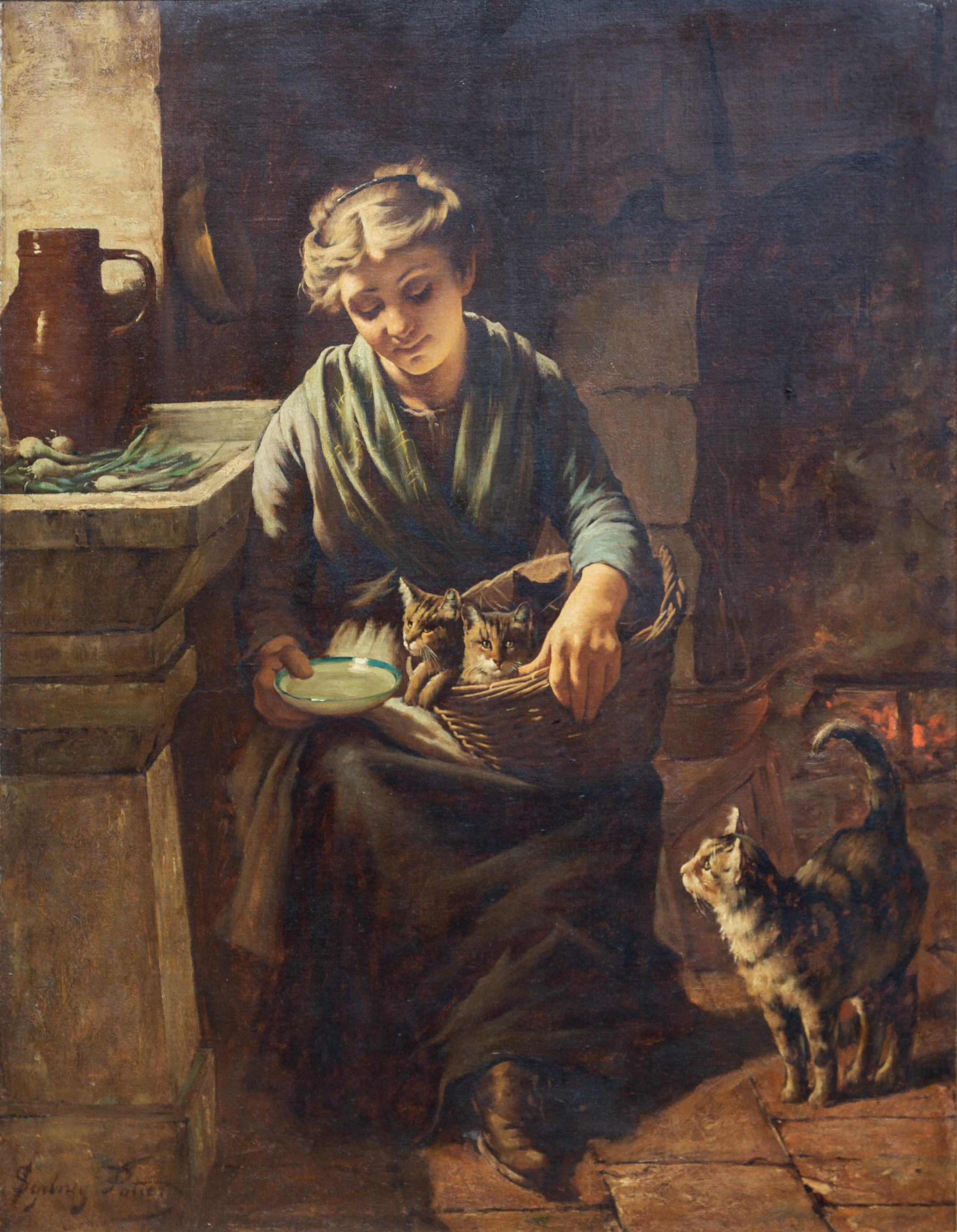 Appraisal: SYDNEY POTTER BRITISH FL - FEEDING TIME Oil on canvas