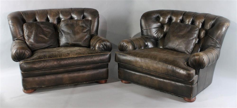 Appraisal: PAIR OF WHITTEMORE SHERRILL LTD OVERSIZE ESPRESSO DISTRESSED LEATHER TUFTED