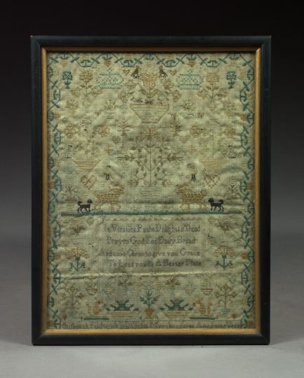 Appraisal: Susannah Feldwick b Attractive embroidered Virtue's Path linen sampler dated