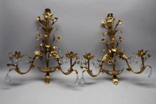 Appraisal: Pair of arm Gilt Bronze Crystal Candelabra Antique Pair of