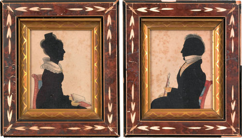 Appraisal: Pair of American watercolor pencil and hollowcut silhouettes ca of