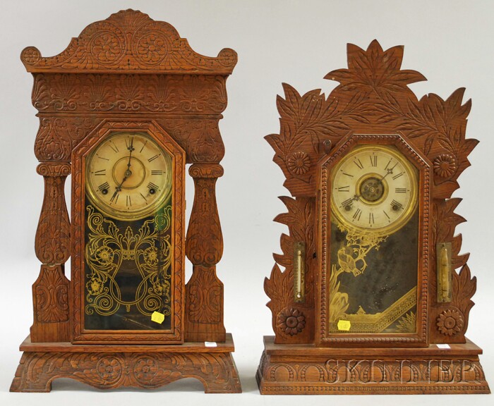 Appraisal: Two William L Gilbert Oak Gingerbread Shelf Clocks Winsted Connecticut